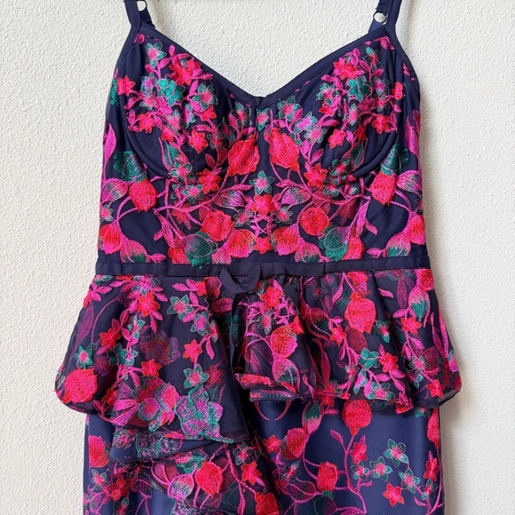 Marchesa Notte Pink and Navy Floral Bustier Top Peplum Dress - Picture 3 of 11